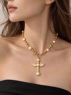 Pearl Angel Wing Cross Golden Necklace