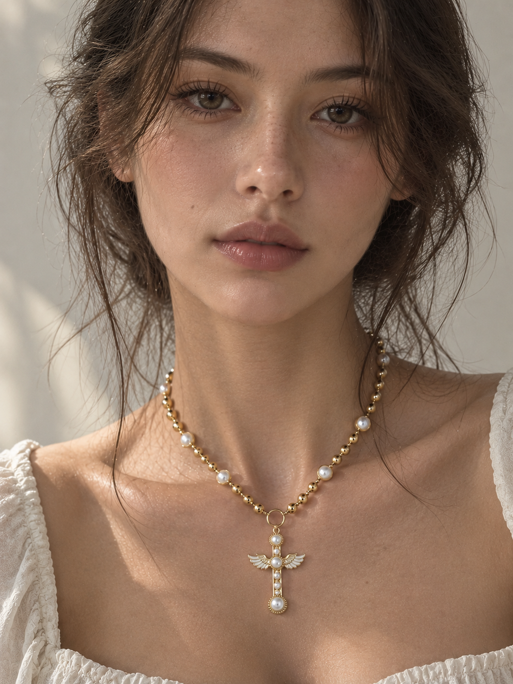 Pearl Angel Wing Cross Golden Necklace