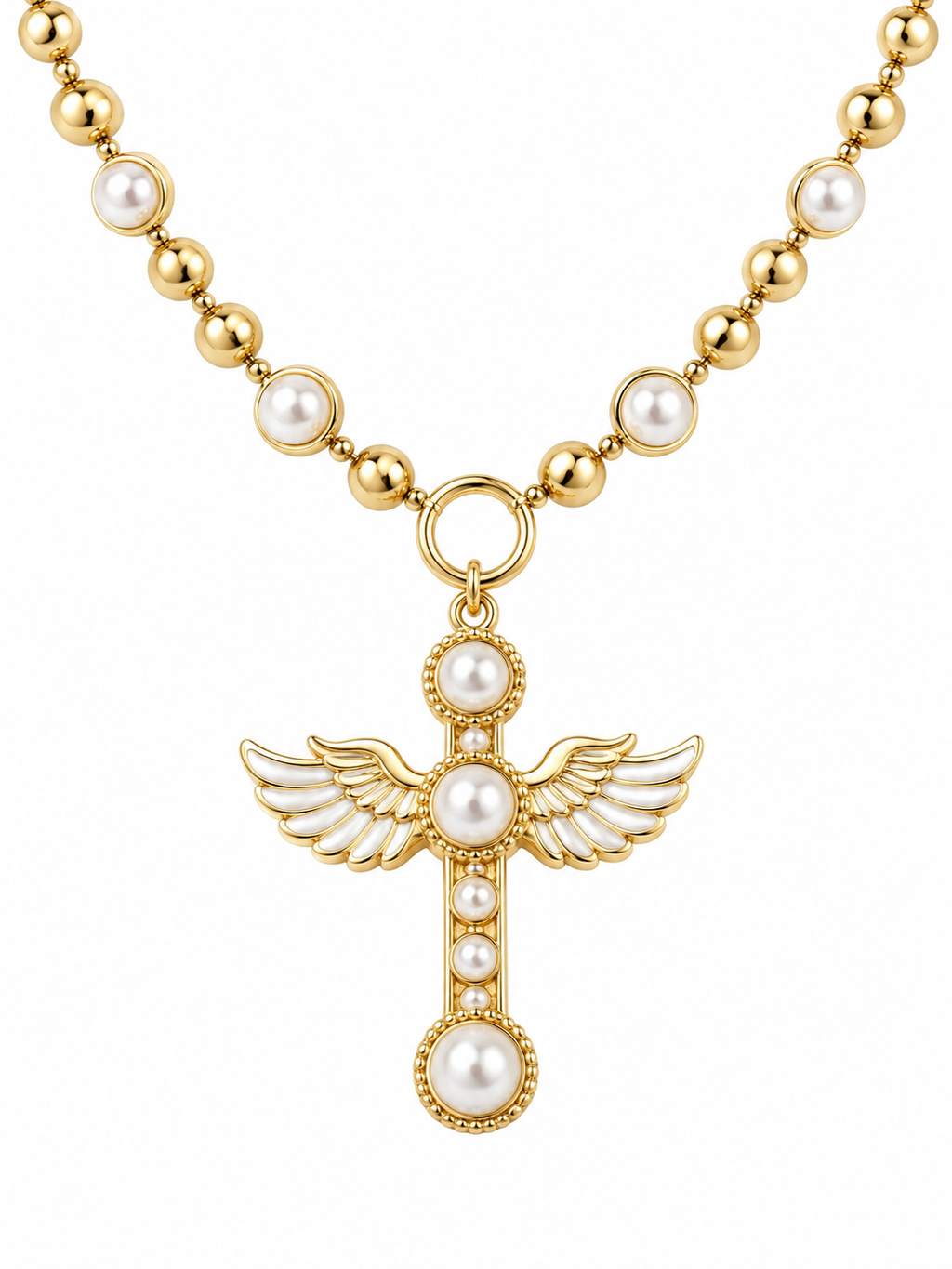 Pearl Angel Wing Cross Golden Necklace