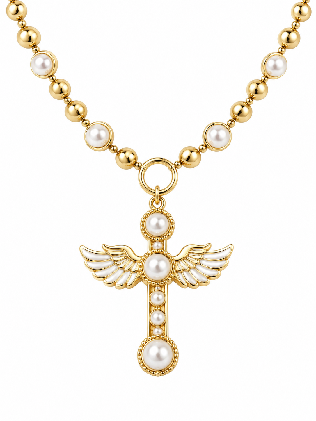 Pearl Angel Wing Cross Golden Necklace