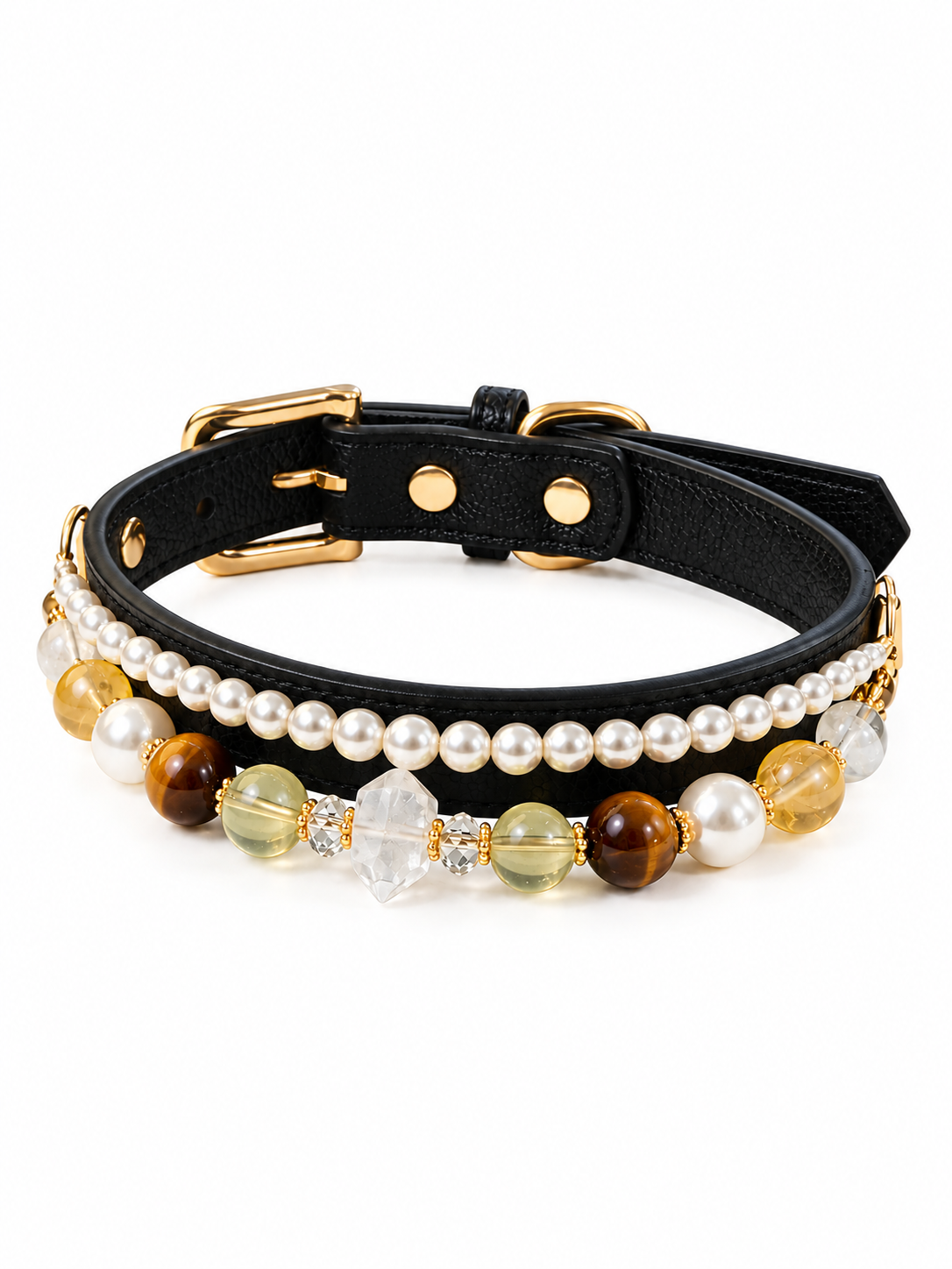 Natural Stone Leather Pet Collar with White Quartz, Tiger Eye & Pearl Beads